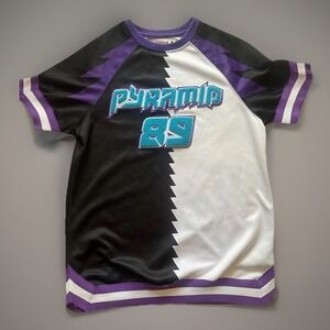Bold "Pyramid 89" Jersey Shirt Men's Medium Purple Black White Puffed Patch Y2K